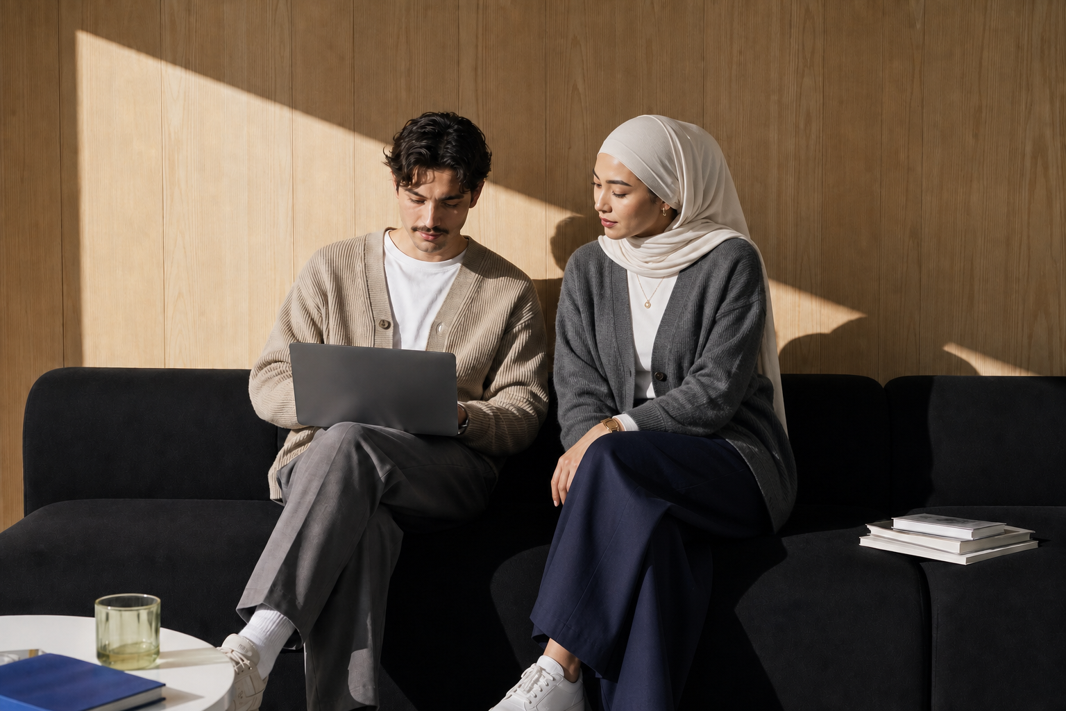 Two students reviewing options together on a laptop