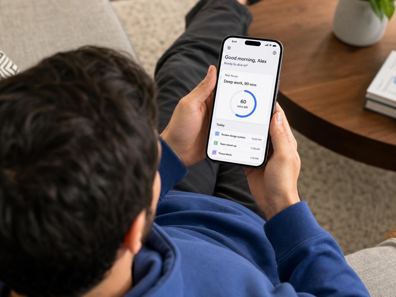 Person in a blue hoodie viewing a personalised app dashboard on their phone